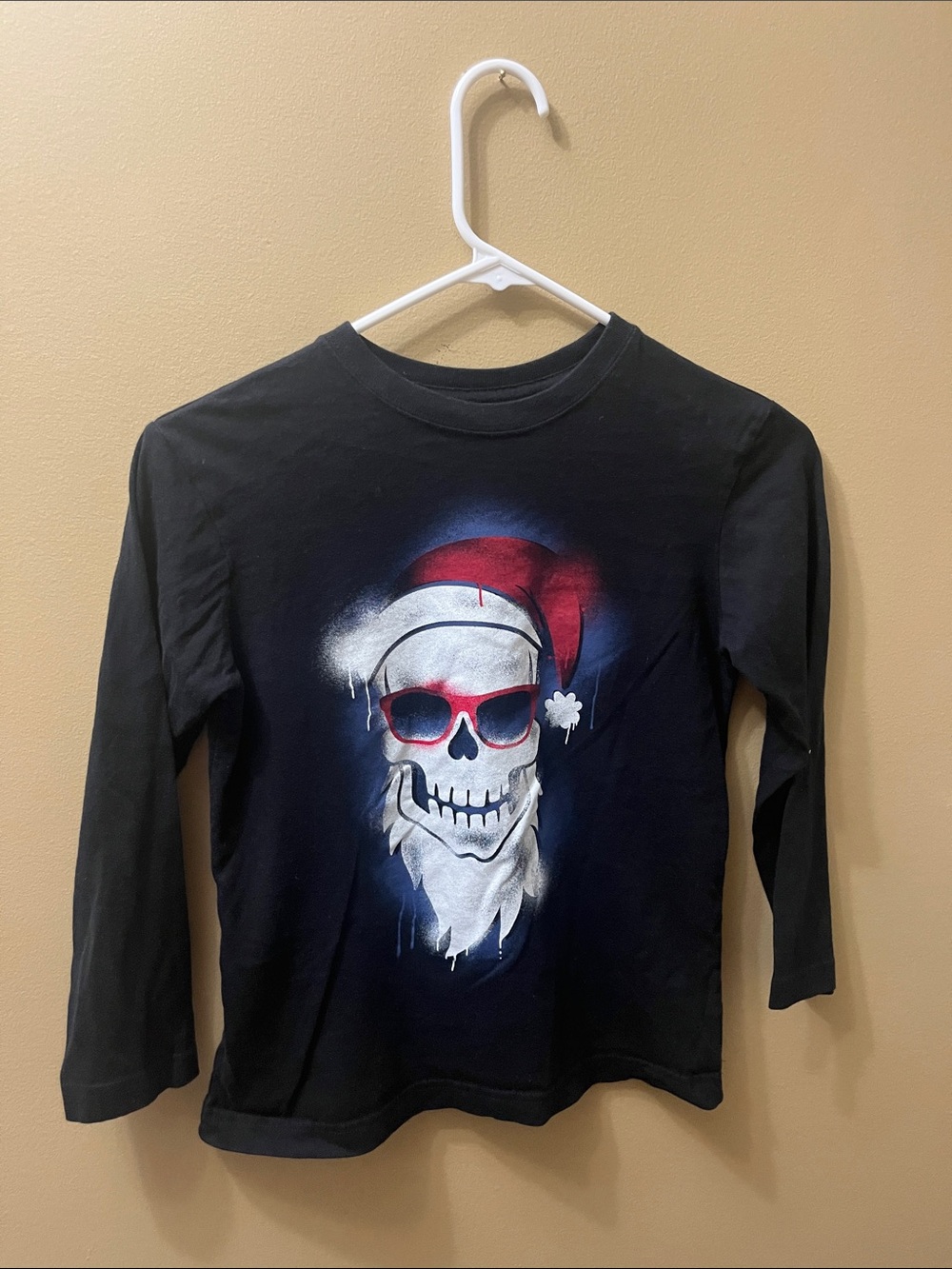 Place Black Long-Sleeve Tee with Red Santa Skull Graphic